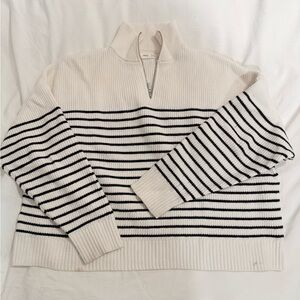 Mango Cream and Black Striped Zip-Up Sweater